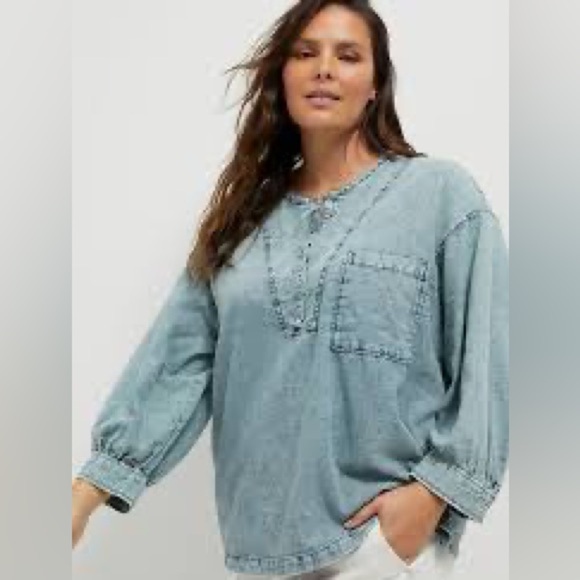 Anthropologie Pilcro Janae Denim Puff Sleeve 100% cotton relaxed fit blouse L - Picture 1 of 10